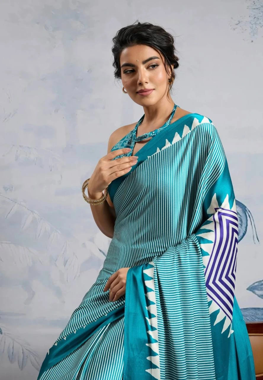 sky blue temple print silk saree